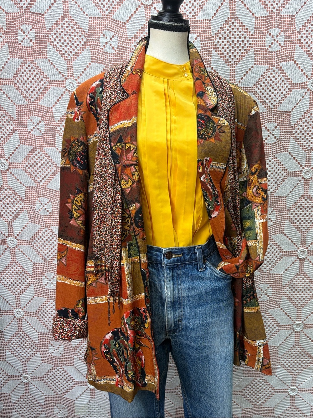 Boho Safari Elephant Print Jacket w Beaded Scarf